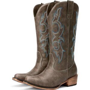 Women 's Dark Brown  Embroidered Cowgirl Fashion  Chunky Heel Western Boots